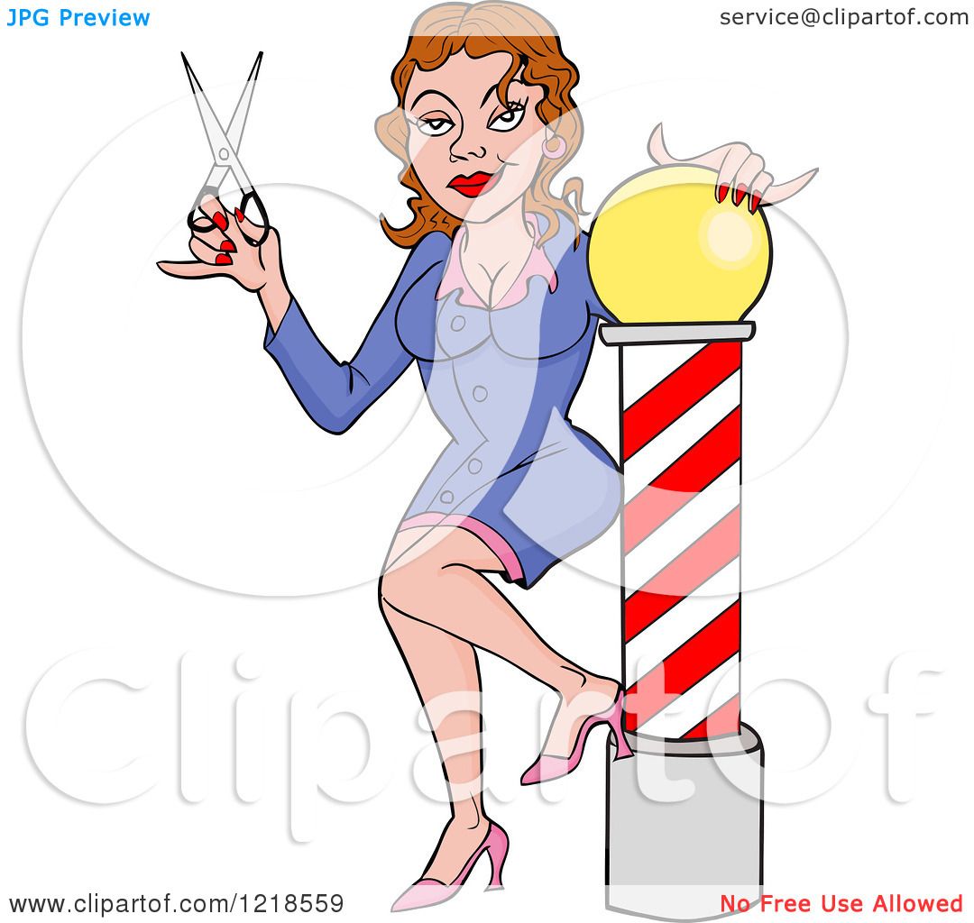 Barber Shop Clipart - Stylish Female Hairdresser with Scissors and Pole