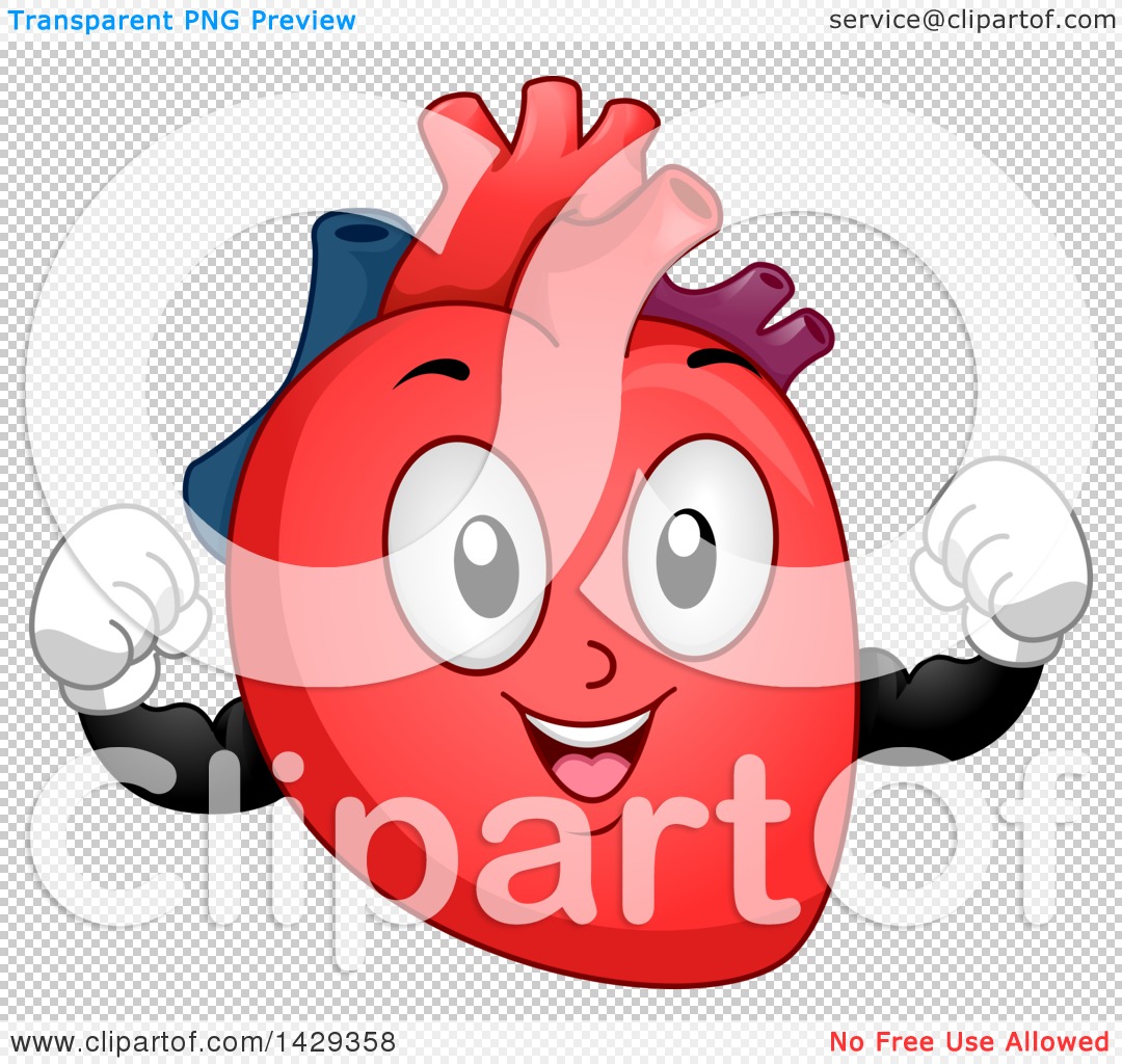 Cheerful cartoon human heart mascot with expressive eyes, smiling face, and raised fists, set on transparent background.