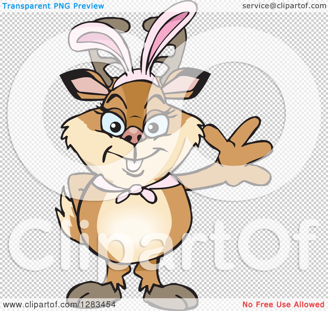Cartoon bunny-deer hybrid character waving, wearing pink bow and bunny ears, on transparent background.
