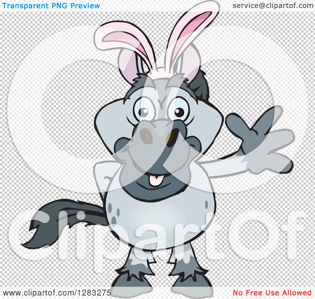 Cartoon donkey wearing pink bunny ears, waving cheerfully with a friendly expression.