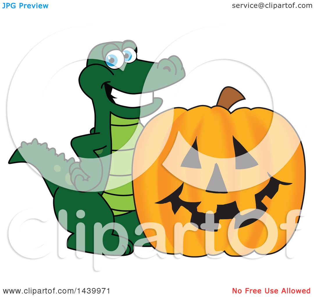 Friendly green cartoon alligator smiling beside a carved Halloween pumpkin with a jack-o'-lantern face.