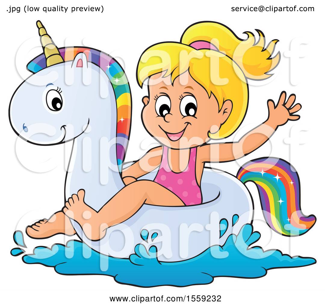Smiling girl in pink swimsuit rides a rainbow-maned unicorn inflatable ring in water.
