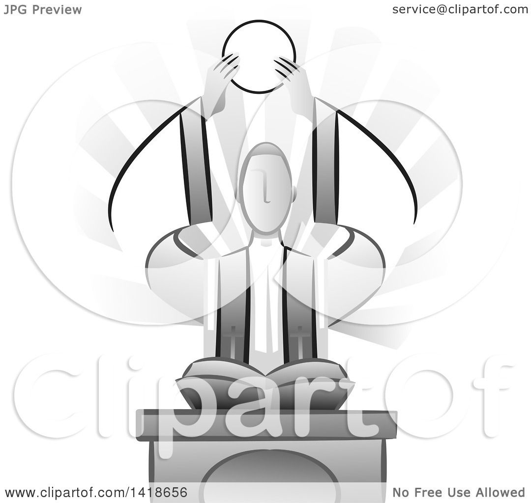 Stylized grayscale illustration of a priest at a pulpit holding a communion wafer above an open Bible, with radiant light behind.