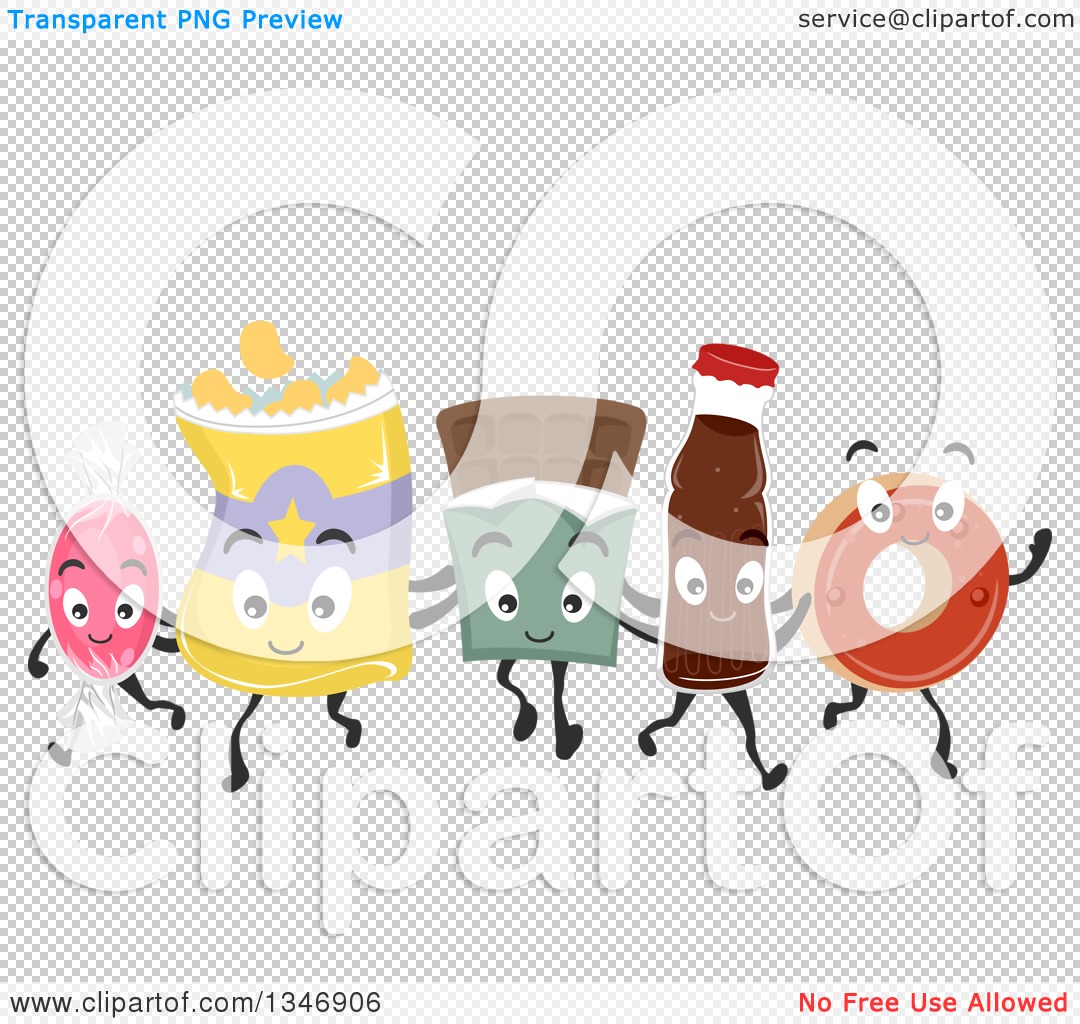 Five cartoon snack characters-candy, chips, chocolate, soda, and donut-holding hands and smiling on transparent background.