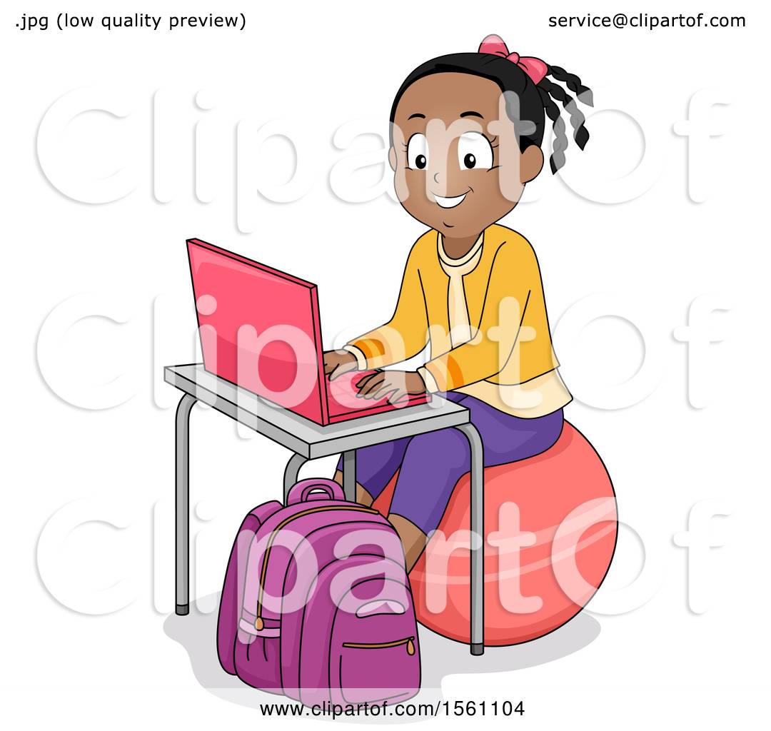 A smiling Black girl with braids sits on a red exercise ball at a small desk, typing on a pink laptop with a purple backpack nearby.