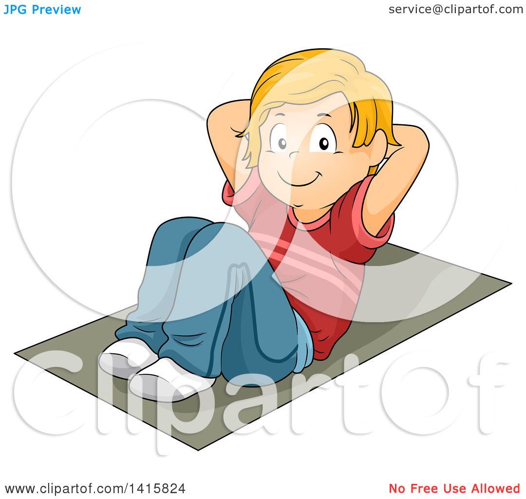 A smiling blonde child doing sit-ups on a gray exercise mat, wearing a red shirt and blue jeans.