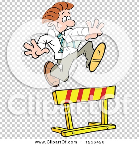 Cartoon businessman leaping over a yellow-and-red striped hurdle with determined expression.