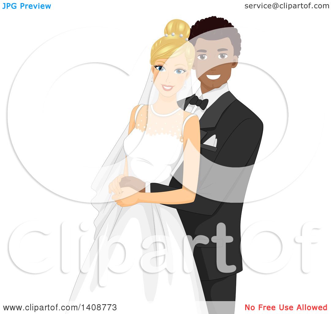 Smiling interracial wedding couple-bride in white gown and veil, groom in black tuxedo-embracing warmly.