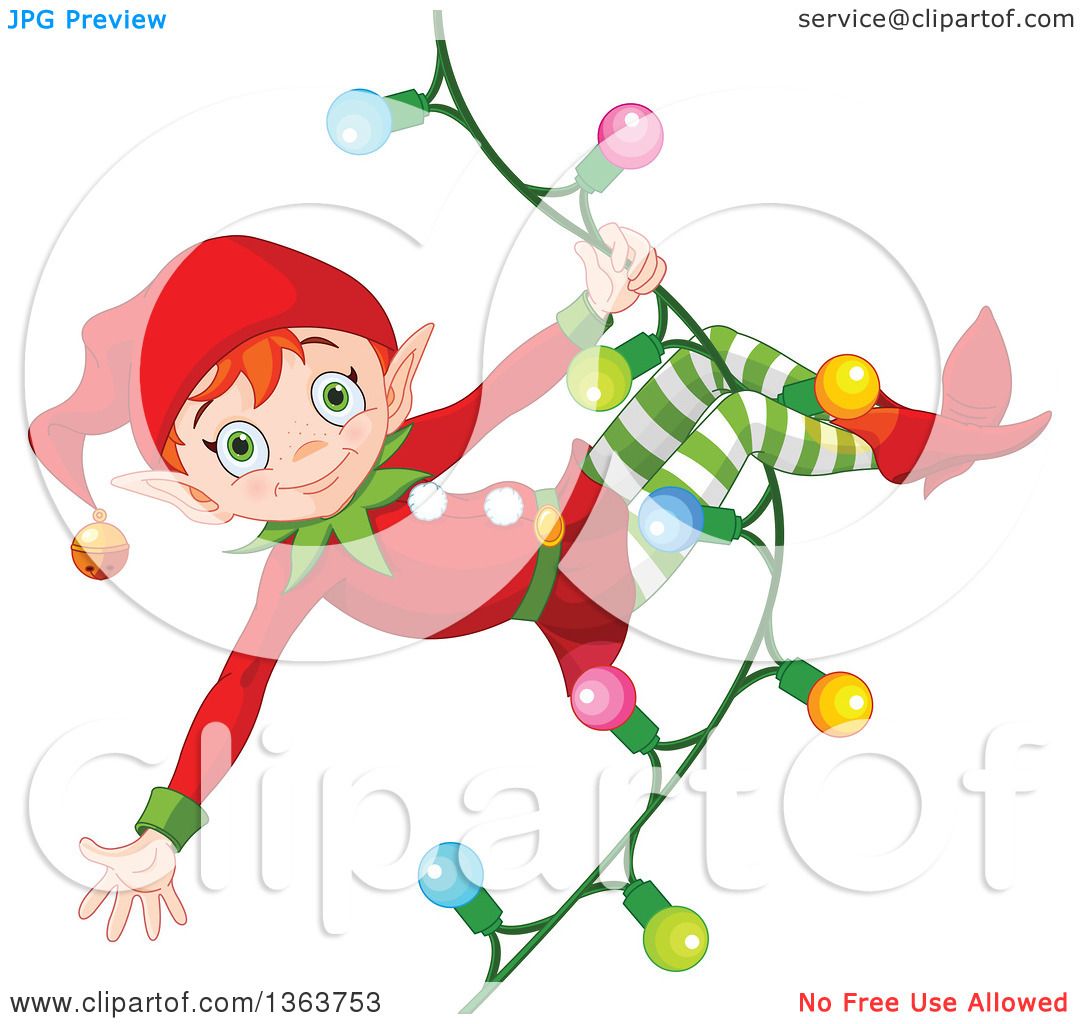 Cheerful Christmas elf in red hat and striped pants playfully tangled in colorful holiday lights.