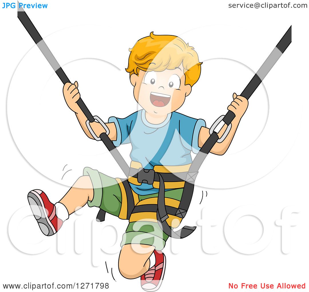 Happy cartoon boy ziplining with harness and gloves, smiling excitedly mid-air.