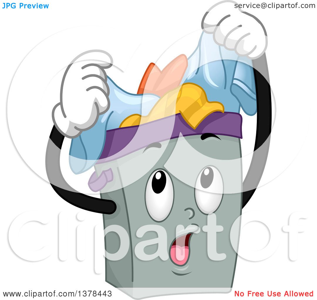 A cartoon laundry detergent box character joyfully pulling colorful clothes from its top, with wide eyes and an open mouth.