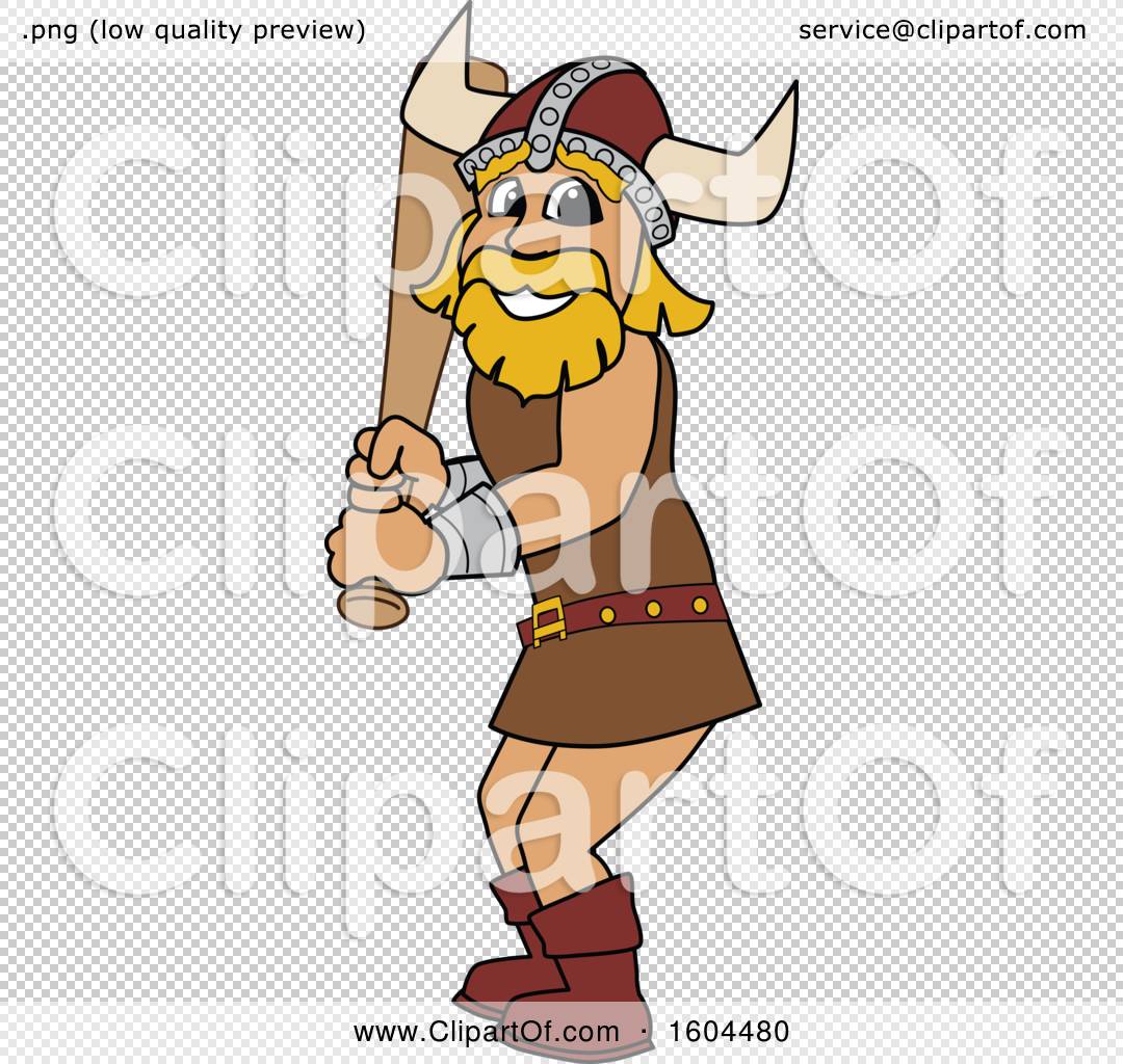 Cheerful cartoon Viking warrior with horned helmet, beard, and axe, smiling confidently.