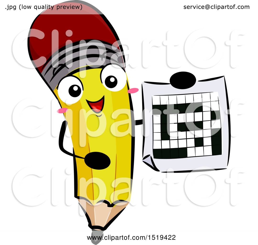 Cheerful cartoon pencil character holding a crossword puzzle, wearing a red eraser cap and smiling.