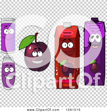 Cartoon-style plum juice products with smiling faces: glasses, fruit, and cartons on transparent background.