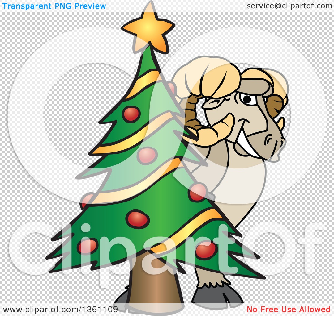 A cartoon ram hugging a decorated Christmas tree with a star on top.