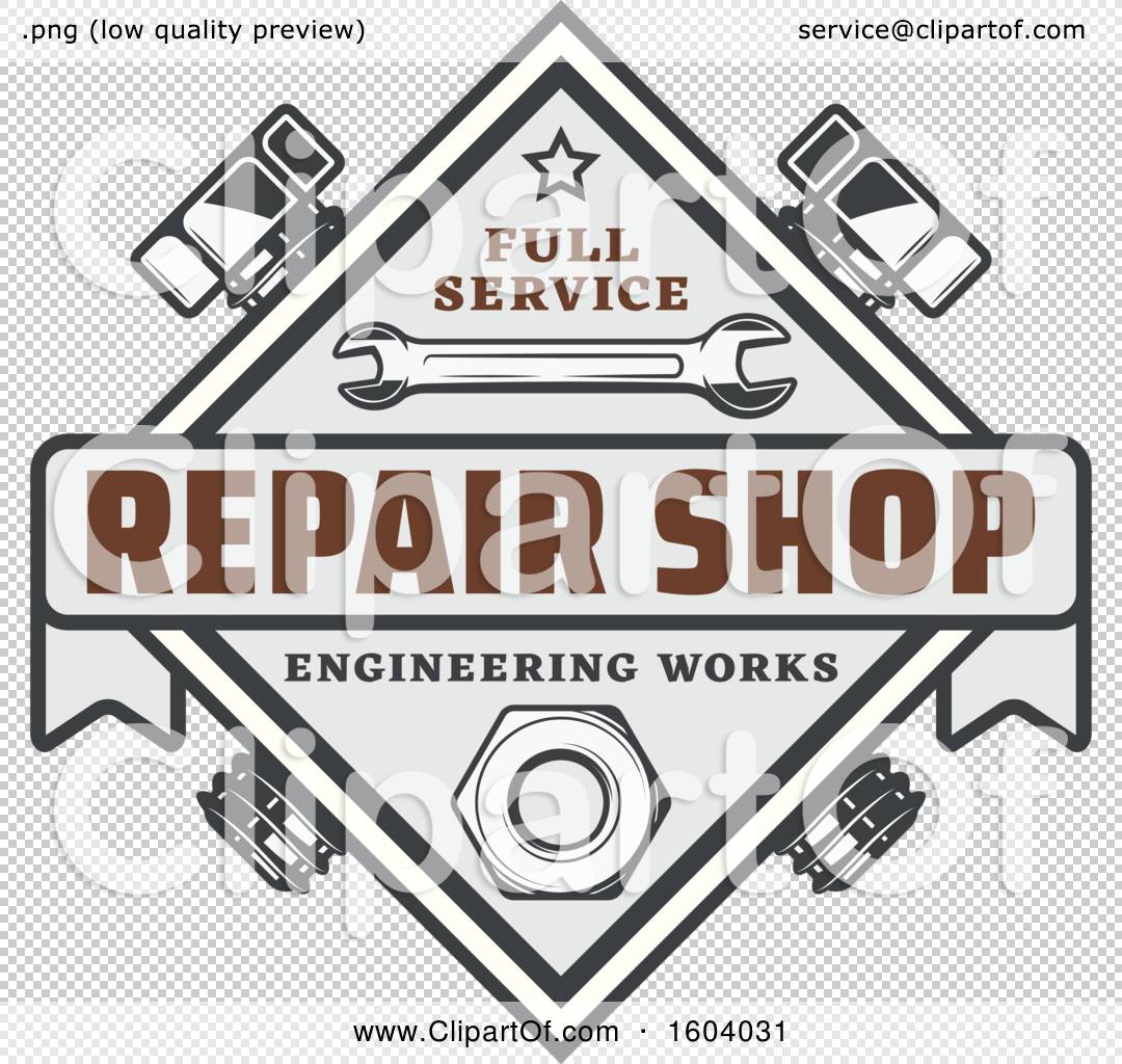Vintage-style repair shop logo with wrench, nut, and tools in diamond emblem labeled "Full Service Repair Shop Engineering Works".