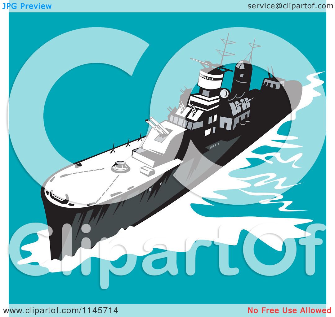 Stylized black-and-white warship cutting through blue waves with large letter C in background.
