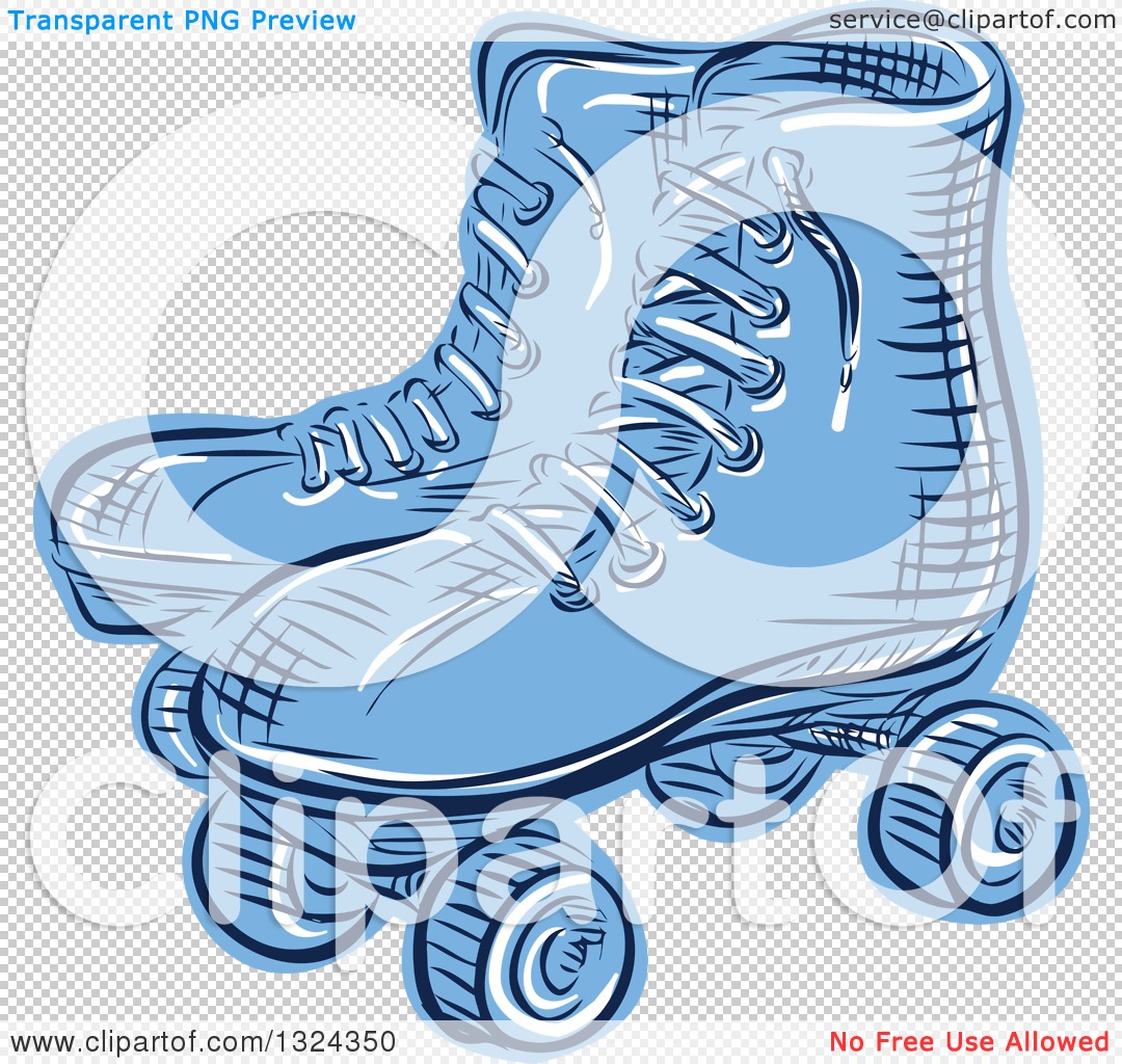 Blue vintage-style roller skate illustration with laces and four wheels on transparent background.