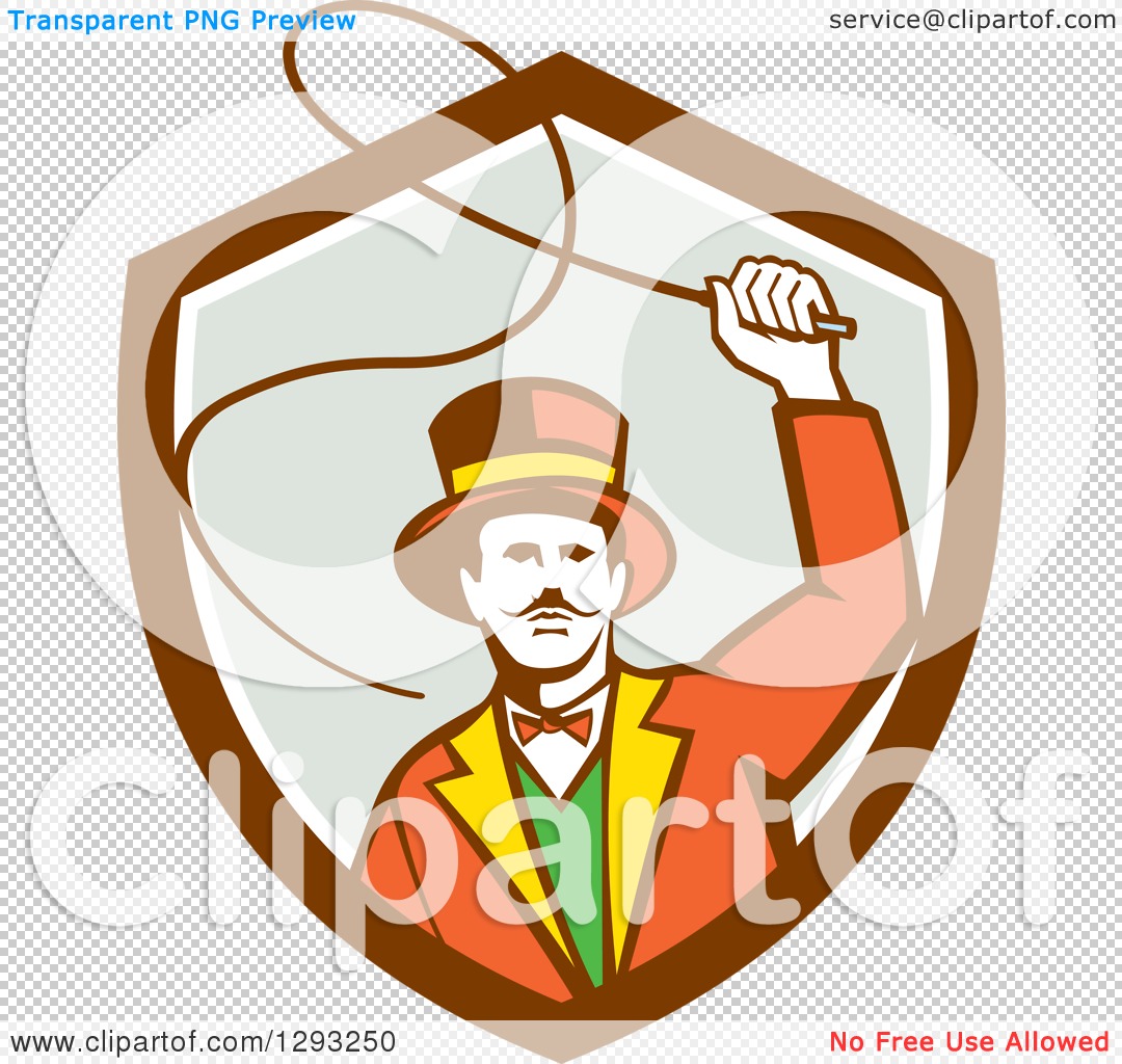 Vintage circus ringmaster in top hat and colorful suit, holding a whip inside a shield emblem.