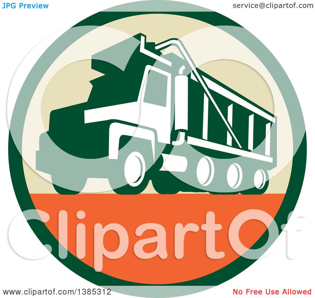Green and white dump truck illustration in circular emblem with orange base.