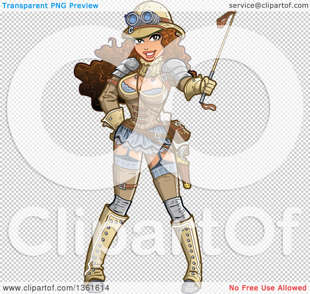 Steampunk female adventurer in goggles, corset, and armored gear holding a whip and pistol, smiling confidently.