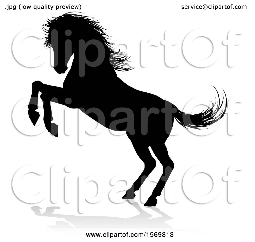 Black silhouette of a rearing horse with flowing mane and tail, dynamic pose on white background.