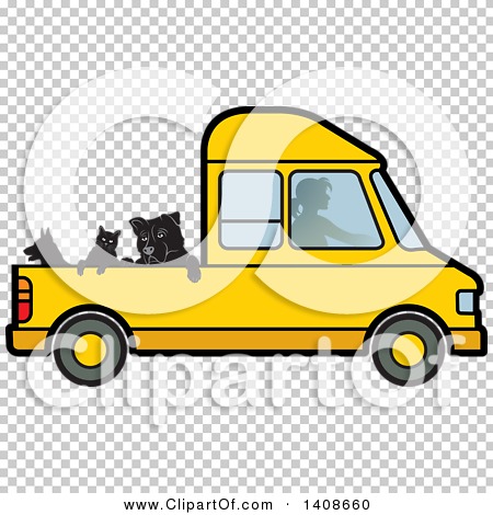 Yellow pickup truck with driver and two black pets in the bed, cartoon style on transparent background.