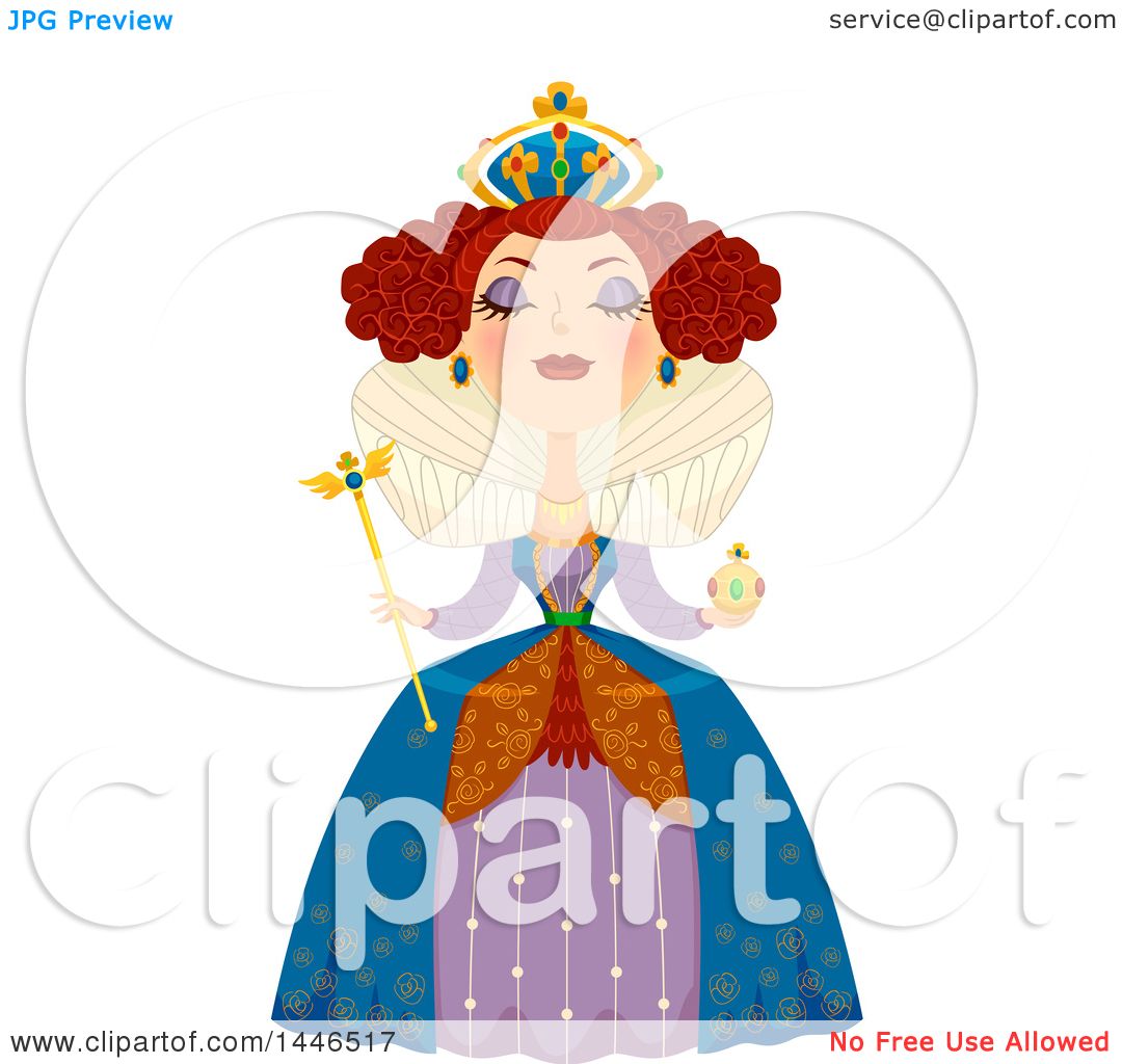 A regal cartoon queen with red curly hair, golden crown, blue gown, holding a scepter and orb.