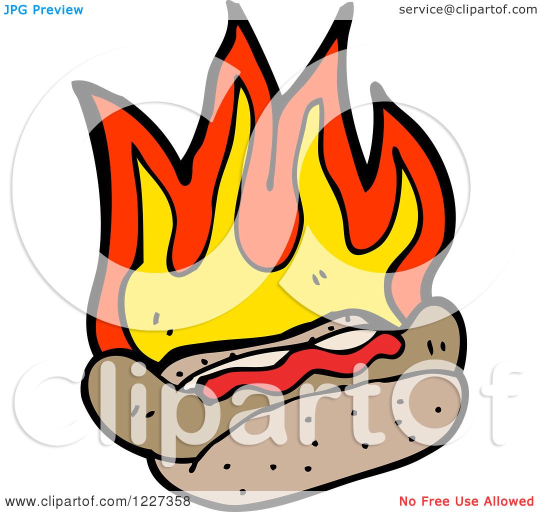 Cartoon hot dog engulfed in bright flames, stylized with bold outlines and vibrant colors.