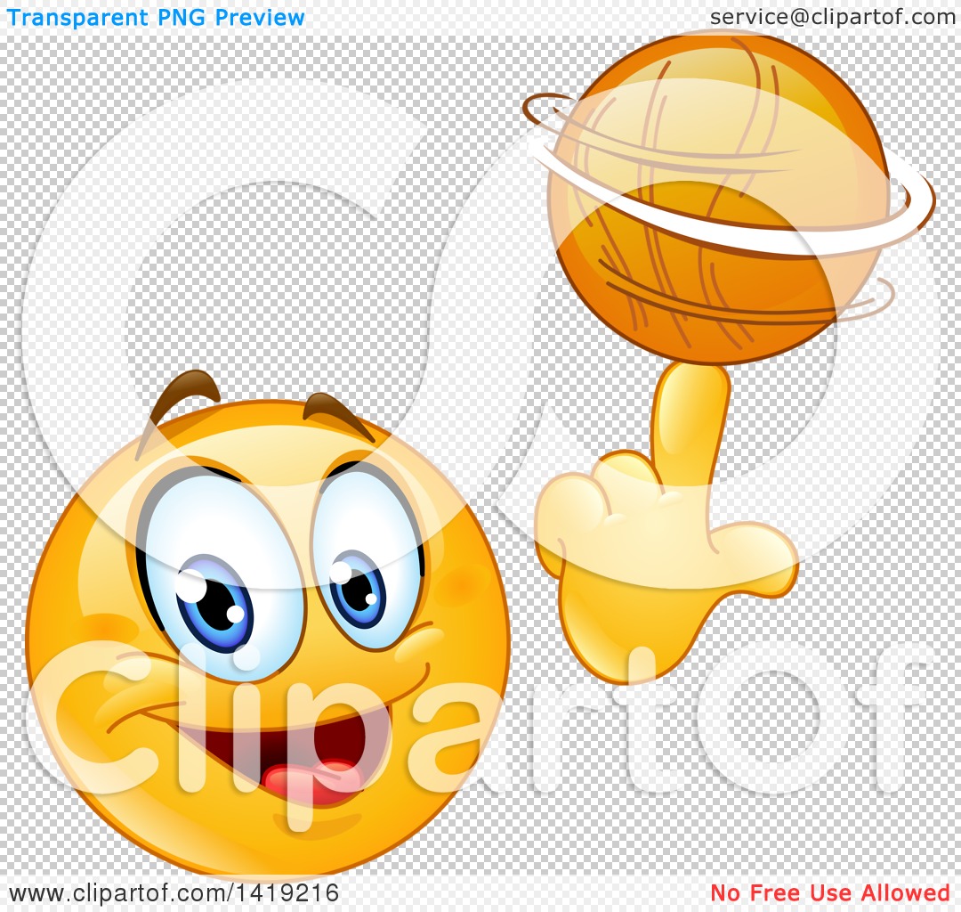 Cheerful yellow emoji with wide blue eyes spins a basketball on its finger against transparent background.