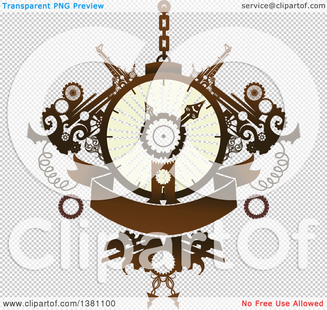 Steampunk-style clock with gears, crossed rifles, and ornate scrollwork in sepia tones on transparent background.
