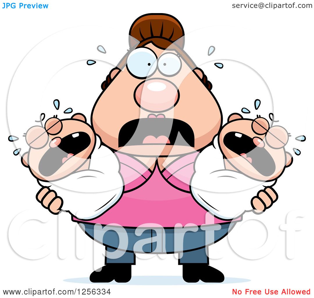 Stressed cartoon woman holding two crying babies, wide-eyed and sweating in panic.