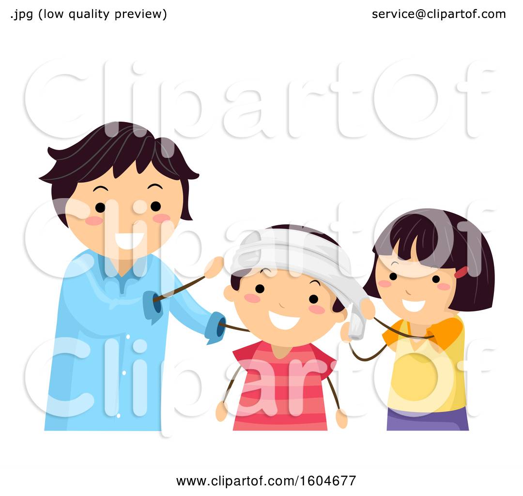 A smiling adult and two children playfully wrapping a bandage around a child's head in a cartoon illustration.