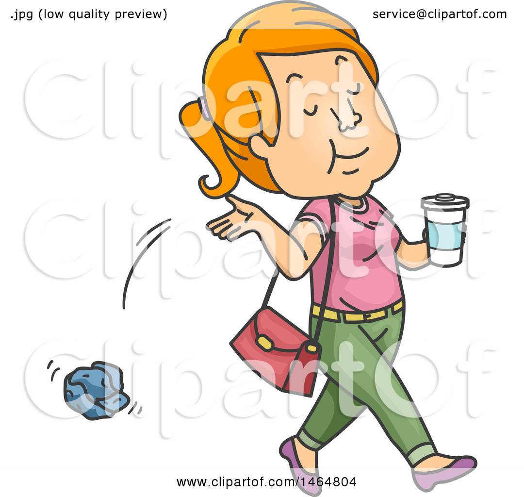 A cartoon woman with orange hair walks while tossing trash, holding a coffee cup and wearing a pink shirt and green pants.