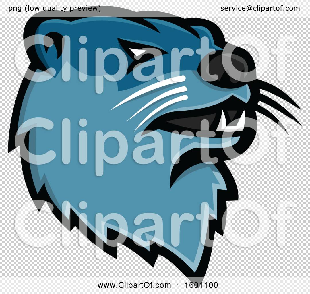 Blue panther mascot head with fierce expression, sharp teeth, and white whiskers on transparent background.