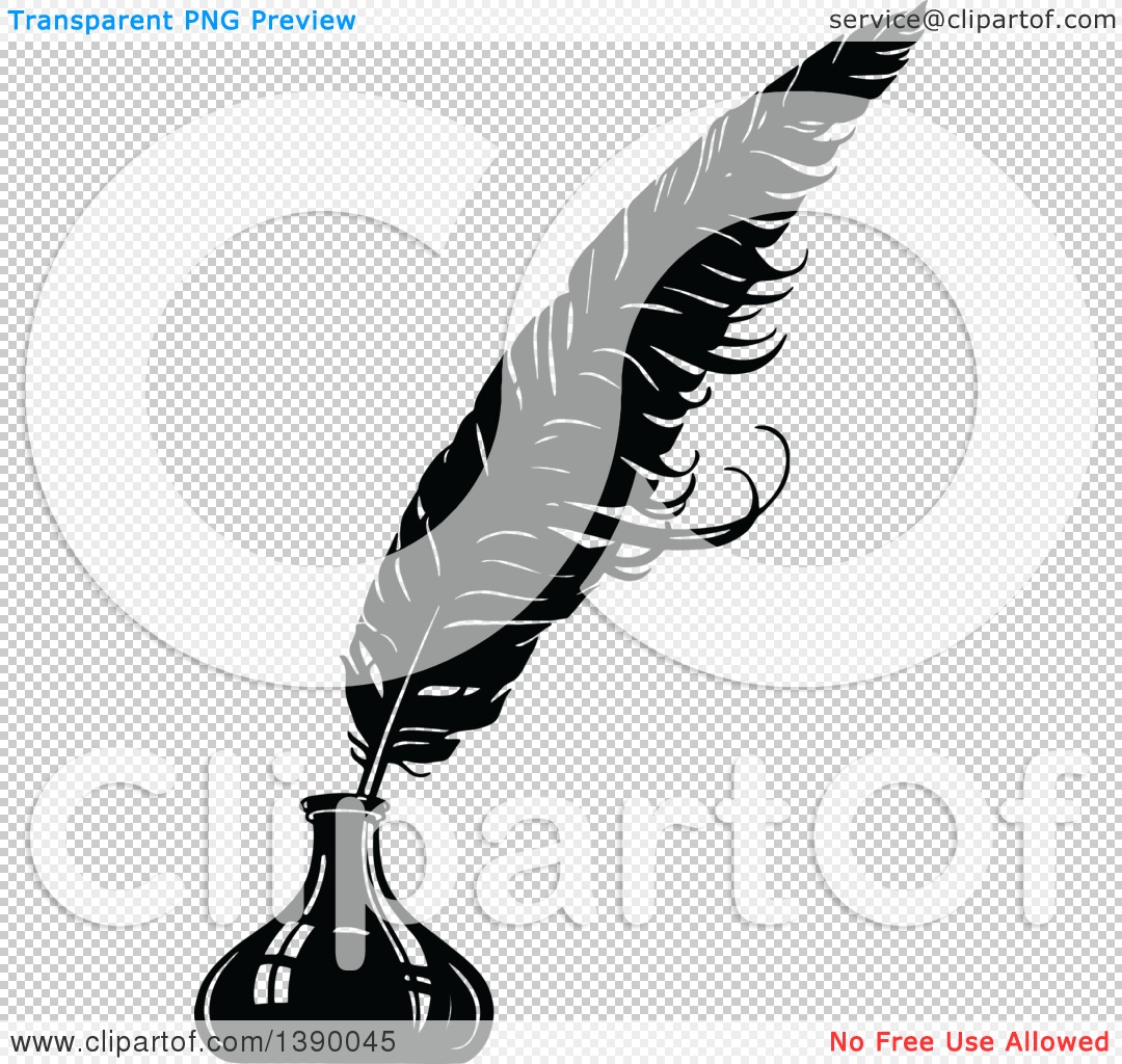 Black quill pen in an inkwell, stylized grayscale illustration with transparent background.