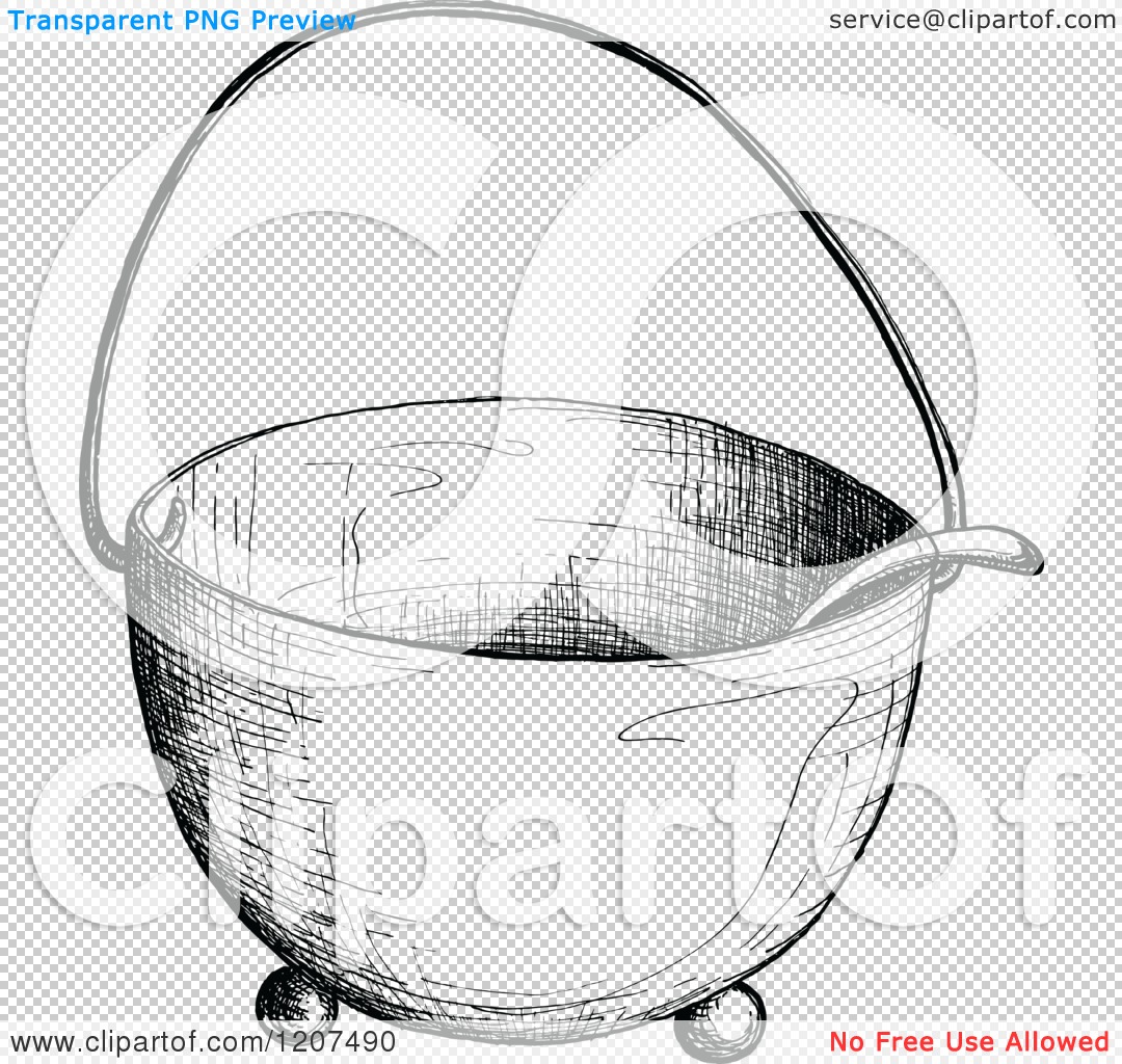 Hand-drawn black-and-white sketch of a cauldron with handle, spout, and three legs, rendered in cross-hatching style.