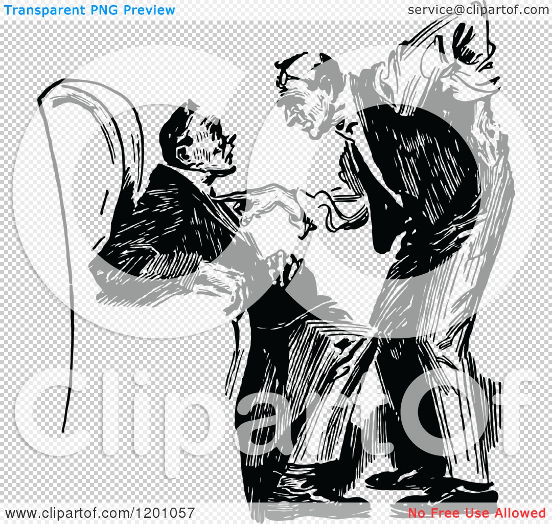 Black-and-white woodcut-style illustration of two men in formal attire shaking hands, one seated with cane, the other standing assertively.