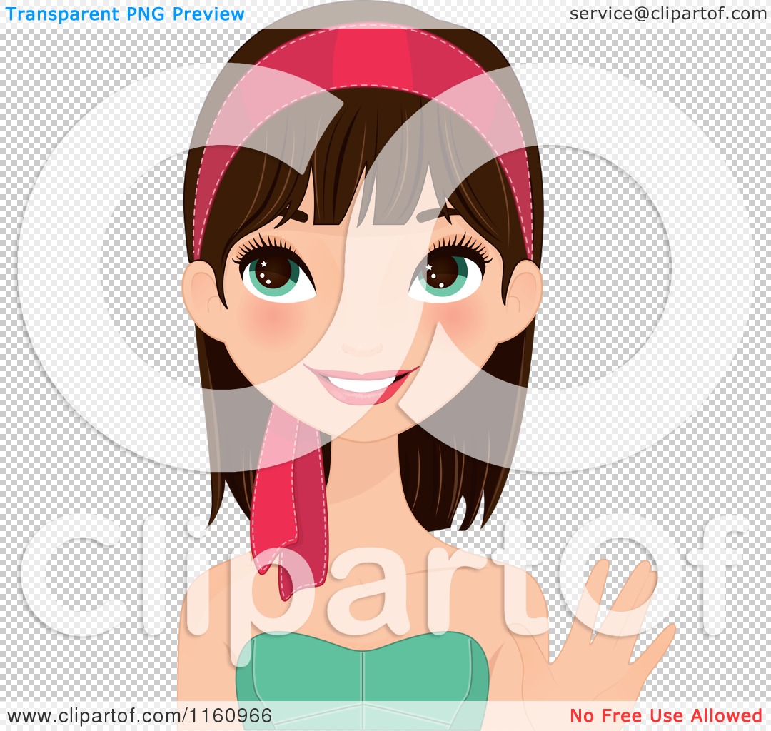 Cartoon girl with brown hair, pink headband, green eyes, and teal top waving cheerfully.