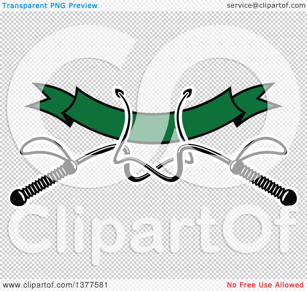 Two crossed silver swords with green banner ribbon, stylized vector clipart on transparent background.