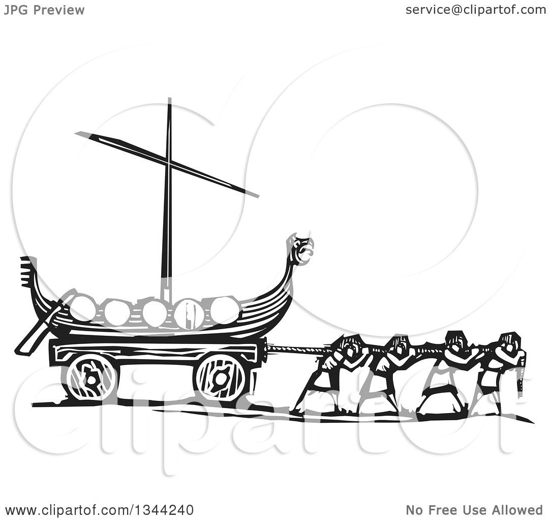 Viking longship on wheeled cart pulled by figures in historical attire, stylized black-and-white illustration.