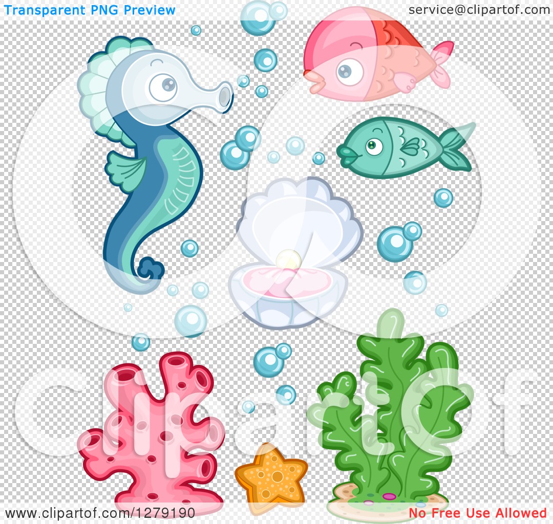 Cartoon seahorse, fish, pearl in shell, coral, seaweed, and starfish with bubbles on transparent background.