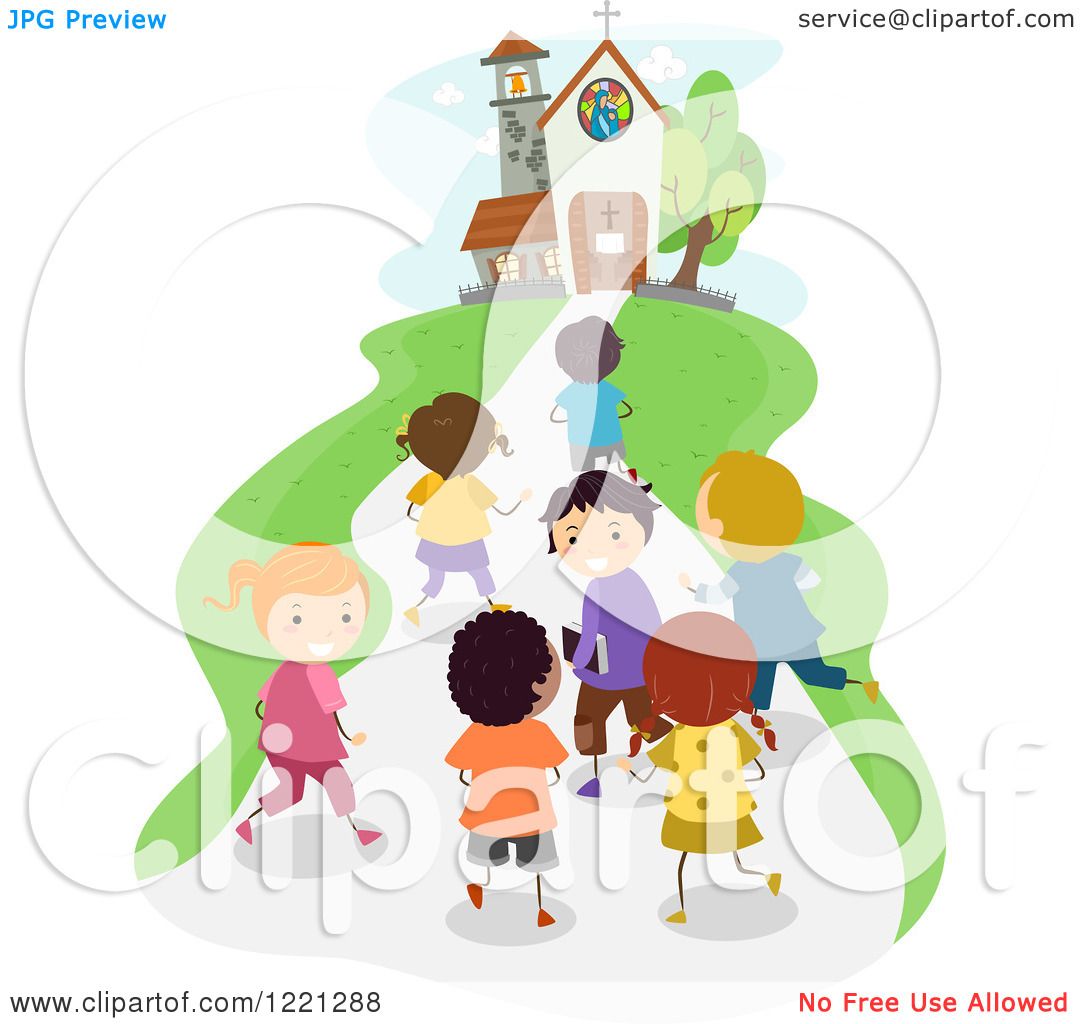 Diverse group of children and an adult walking up a hill toward a church with stained-glass window and bell tower.