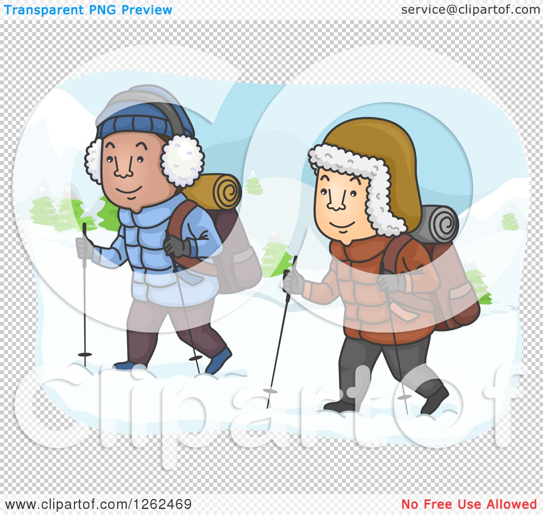 Winter Hiking Clipart - Cartoon Explorers in Snowy Landscape
