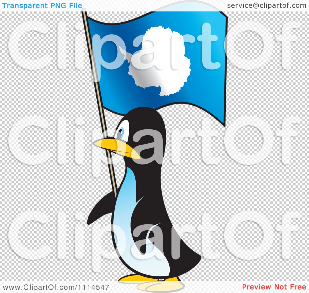 Cartoon penguin holding a blue flag with white Antarctica map outline.
