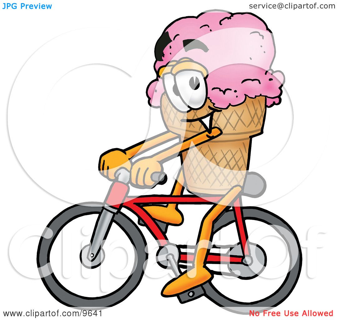 Cartoon ice cream cone character with pink scoops riding a red bicycle, smiling and wearing glasses.