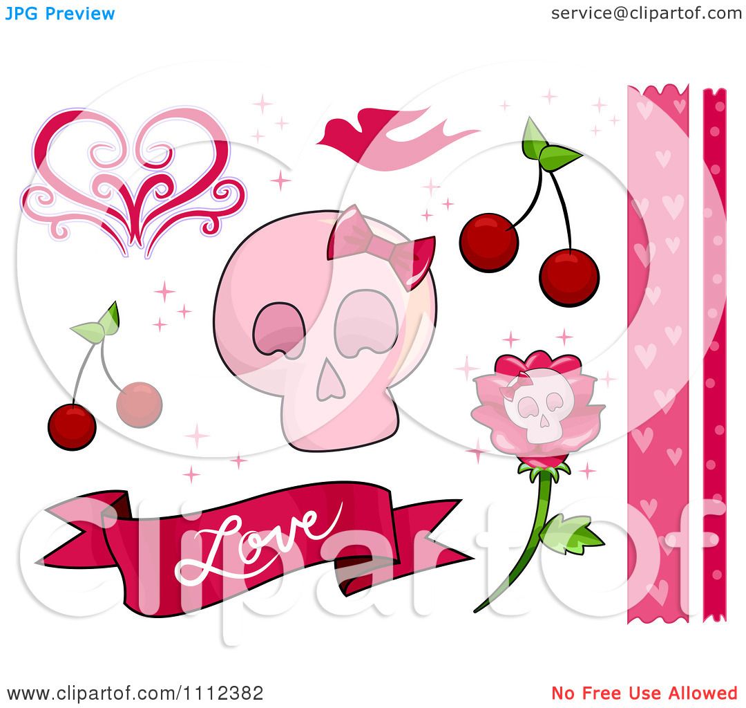 Pink skull with bow, cherries, heart swirls, love ribbon, and skull-in-rose clipart in romantic gothic style.