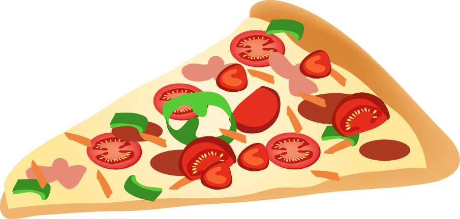 A colorful slice of pizza topped with tomato slices, green peppers, ham, and pepperoni on a green background.