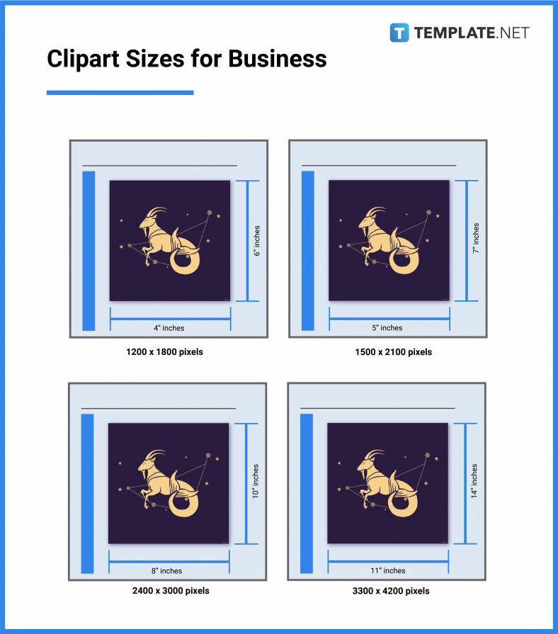 Business clipart size guide showing four standard dimensions with pixel equivalents and zodiac Capricorn illustrations.