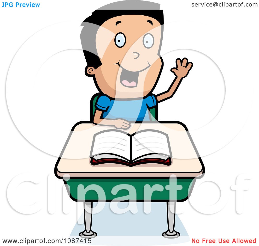Happy cartoon boy raising hand at desk with open book, smiling eagerly in classroom setting.